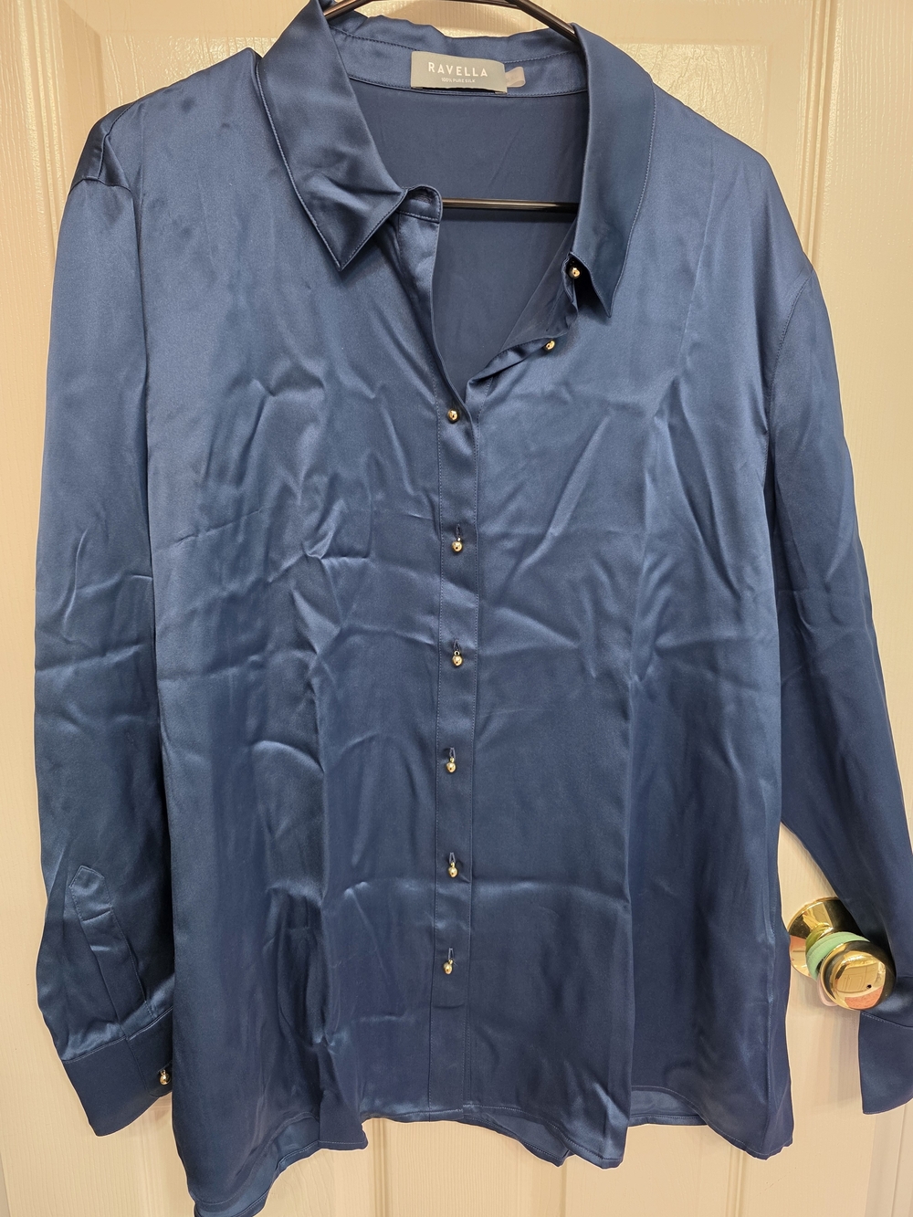 Ravella Satin Button-Front Shirt in Navy